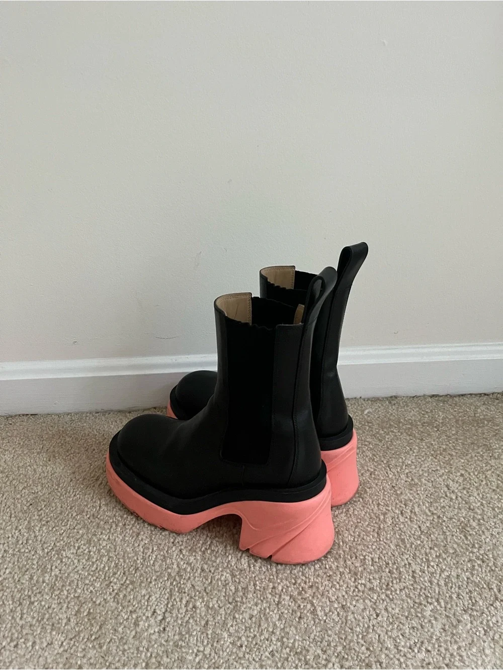 Bottega Veneta Black Leather Chelsea Boots with Coral Pink Platform